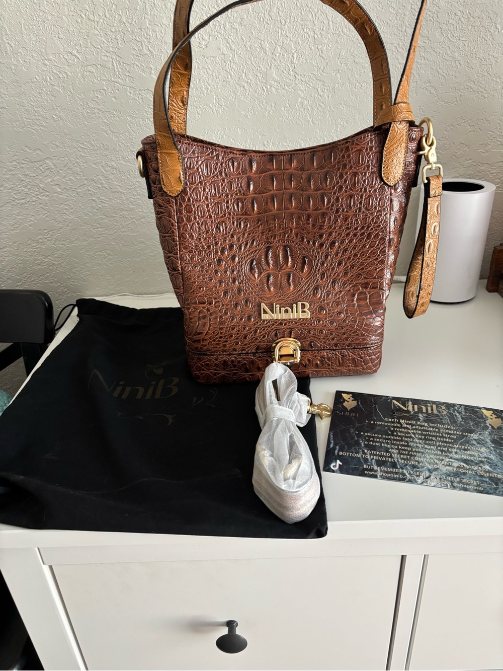 Brown Croc-Embossed Bucket Bag with secret compartment  -